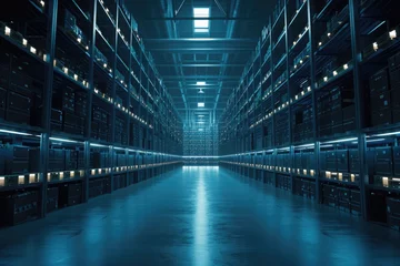 Foto op Plexiglas A vast room featuring an abundance of shelves, providing ample storage space for a variety of items, Visualization of cloud storage as a large warehouse, AI Generated © Iftikhar alam