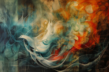 An abstract painting shows swirling shapes like flames and a dove, symbolizing Pentecost. - obrazy, fototapety, plakaty