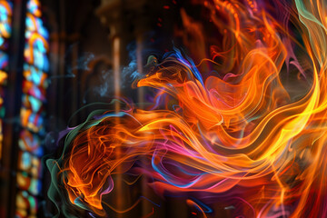 Colorful flames dance like tongues of fire, with church symbols in the background