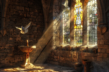 picture shows a warm-lit stone church with a stained glass window of a dove, chalice, and bread. - obrazy, fototapety, plakaty