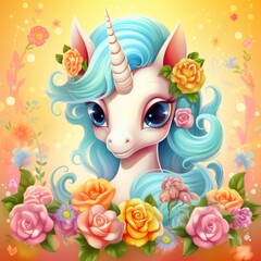 Cute cartoon unicorn with a blue mane and colorful roses on a yellow abstract background.