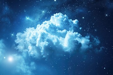 A blue sky with scattered stars and fluffy clouds in the background, Visualize the scalability of cloud storage as an expanding universe, AI Generated