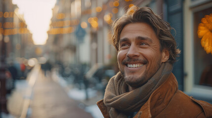 An upbeat man sporting a winter scarf enjoys a brisk day in an urban environment, conveying warmth and joy