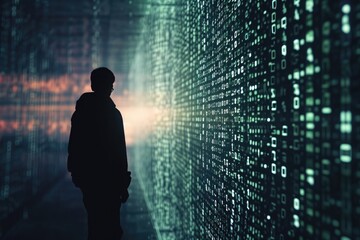 A person stands in front of a massive wall covered in numbers in a high-tech data center, Vivid conceptualisation of internet privacy, AI Generated