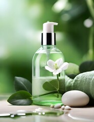 Beauty nature treatment: Organic white and green background care with spa bottle Generative AI