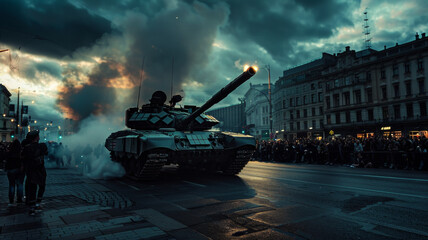Dramatic portrayal of an armored tank on a city street at dusk.