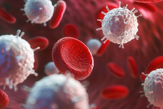 In this photo, a group of red and white blood cells can be seen flowing through a blood stream, Vivid, macro view of a group of white blood cells, infected and healthy, AI Generated