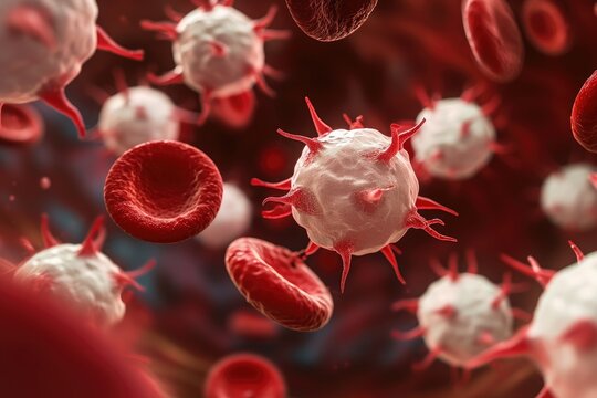 A close-up of a cluster of red and white blood cells flowing through a human bloodstream, Vivid, macro view of a group of white blood cells, infected and healthy, AI Generated