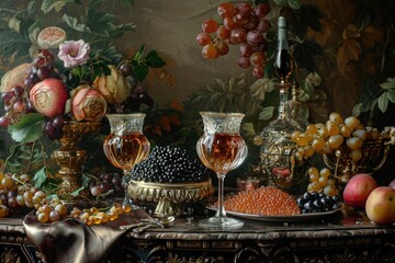 Obraz na płótnie Canvas A realistic painting depicting a variety of colorful fruits and a bottle of wine placed on a table, Vivid portrayal of an opulent meal featuring Almas Caviar, AI Generated