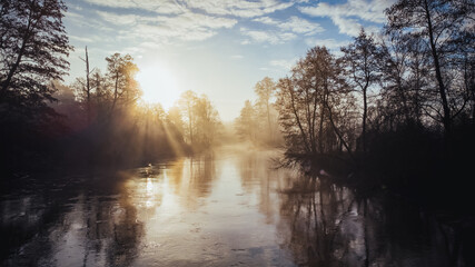 Fototapeta na wymiar Foggy morning by the river
