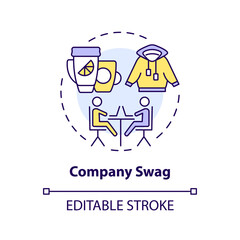 Company swag multi color concept icon. Office branded merchandise. Gifts for team members. Employee recognition. Round shape line illustration. Abstract idea. Graphic design. Easy to use