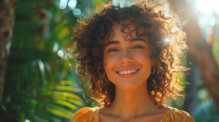 A young woman with curly hair exhibiting a joyful demeanor amidst sun kissed foliage and a natural bokeh effect - obrazy, fototapety, plakaty