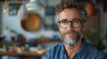 A sophisticated older man with glasses poses for a portrait with a stylish and comfortable atmosphere in a café