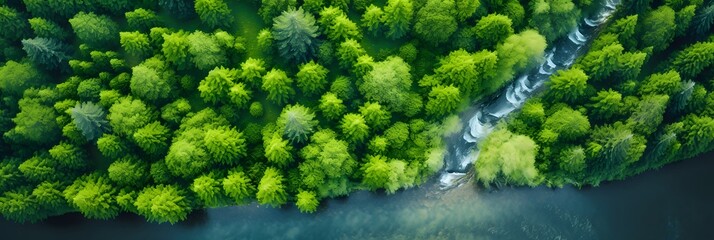 A breathtaking drone shot showcasing the natural beauty of a dense green forest with a winding river