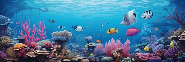 Fototapeta na wymiar Panoramic view of a vivid underwater seascape with various species of fish and coral, showcasing marine biodiversity