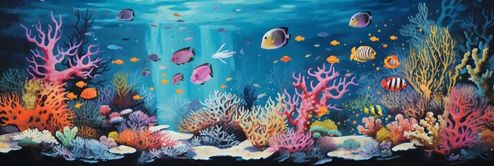 An enchanting panoramic illustration of a colorful underwater seascape with a diversity of fish and corals