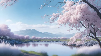  A tranquil scene with a soft pastel background and delicate flowers blooming in the foreground. Think cherry blossoms or daisies against a pale blue or lavender backdrop. © artbyrookie