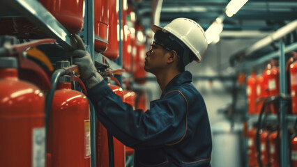 A technician meticulously inspects fire extinguishers in an industrial setting. - obrazy, fototapety, plakaty