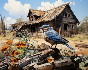Old abandoned village house with birds in the foreground.