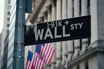 A close-up shot of a street sign labeled Main Street, highlighting a city building in the background, Wall Street sign symbolizing stock market trading, AI Generated