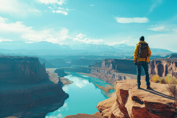 A lone hiker clad in a yellow jacket stands on the edge of a cliff, gazing out over the winding river in the vast expanse of the Grand Canyon.