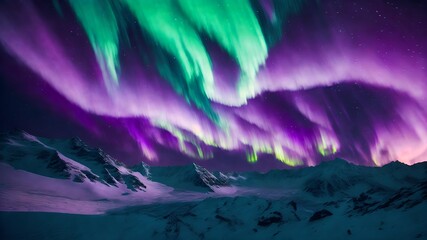 a celestial vantage point, the ethereal dance of the Northern Lights unfolds in a breathtaking display. This photograph captures the vivid hues of green and purple streaking across the night sky, 