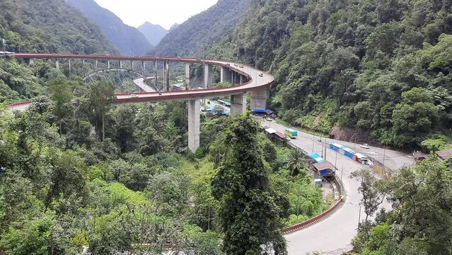 Vehicle traffic atmosphere on the flyover known as Kelok Sembilan in West Sumatra