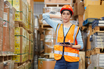factory worker holding a tablet and looking at shelf in warehouse storage
