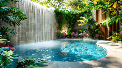Tropical Garden Oasis, Waterfall and Lush Greenery, Serene Outdoor Relaxation Spot