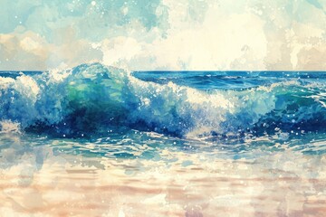 A powerful wave crashes onto a sandy shore in this stunning painting, capturing the dynamic energy of the ocean meeting the land, Watercolor style picture of ocean waves, AI Generated - obrazy, fototapety, plakaty