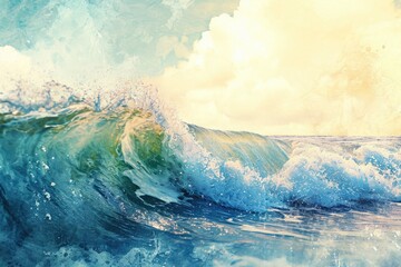 A stunning painting captures the intense force of an ocean wave colliding with rocky cliffs in vivid detail, Watercolor style picture of ocean waves, AI Generated