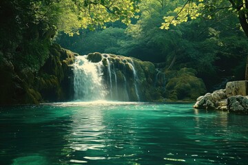 A powerful and cascading waterfall occupies the center of the river, creating a stunning display of rushing water, Waterfall cascading into a vibrant emerald pool, AI Generated