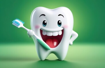 Healthy and cute tooth cartoon character holding toothbrush on green background. Anti-Caries Protection Concept 