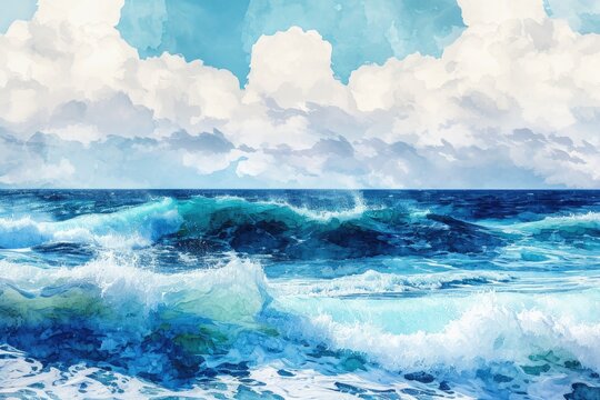 This photo depicts a painting featuring a striking blue ocean and white clouds, Watercolor style picture of ocean waves, AI Generated