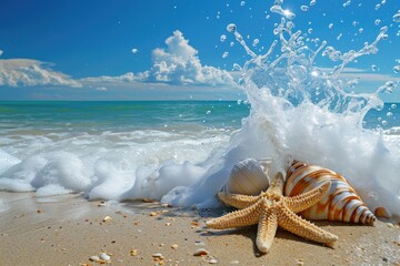 A starfish lies motionless on top of a sandy beach, blending in with its surroundings, Wave crashing on a beach with starfish and shells, AI Generated