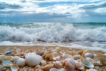 A collection of various seashells lying on the soft sand of a beach, Waves crashing on a sandy beach filled with seashells, AI Generated