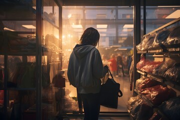 An intimate scene of a woman lost in thought while shopping inside a warmly lit store as evening sets in