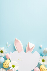 Delightful Easter surprise concept. Overhead vertical shot of whimsical bunny ears emerging from a...