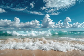 This photo captures a sandy beach with waves continuously rolling in and out of the water, Waves under the blue sky and white clouds, AI Generated