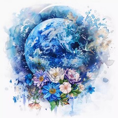 Watercolor illustration of planet earth with flowers decor. Tattoo sketch. Earth Day