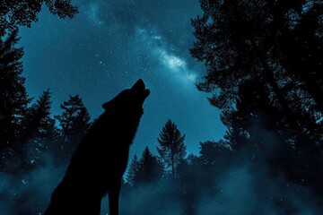 A wolf stands on a grassy field, looking up at the night sky filled with stars, Werewolf howling into the midnight sky amidst a spooky forest, AI Generated