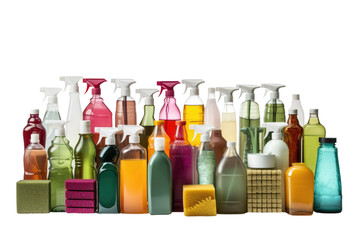 Assorted Cleaning Products in a Group. A collection of various cleaning products including sprays, wipes, sponges, and brushes are displayed together.