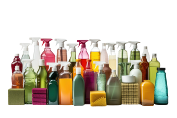 Assorted Cleaning Products in a Group. A collection of various cleaning products including sprays, wipes, sponges, and brushes are displayed together.