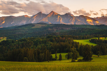 Tatra Mountains, Poland. Panorama of a mountain landscape. Late summer sunset in the mountains