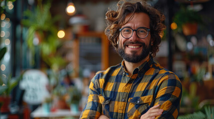 Cheerful man in plaid shirt and glasses with a welcoming smile