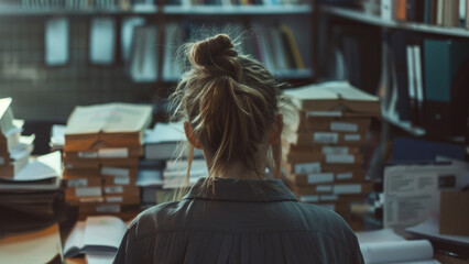 Fototapeta na wymiar Overwhelmed with paperwork, a person contemplates amidst a cluttered office.
