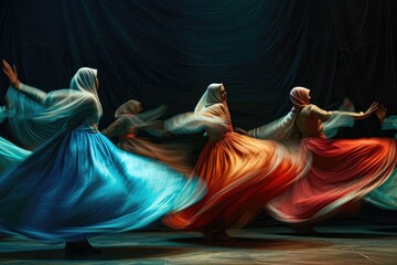 A lively gathering of women in vibrant dresses dancing energetically at a cultural event, Whirling Sufi dancers spreading mysticism, AI Generated - obrazy, fototapety, plakaty