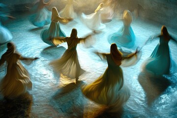 A group of women dressed in elegant long dresses joyfully dance together in a stunning garden setting, Whirling Sufi dancers spreading mysticism, AI Generated - obrazy, fototapety, plakaty