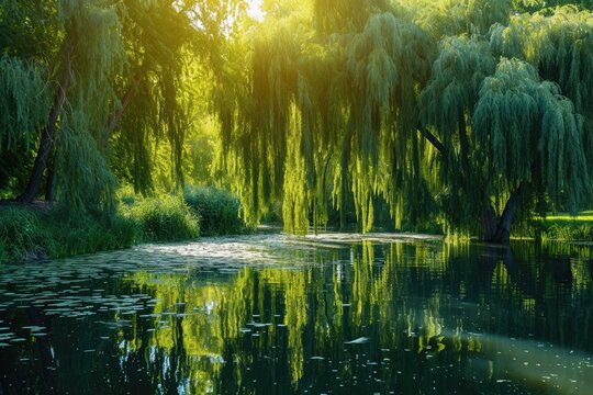 The sun shines through a dense forest, casting a mesmerizing glow on the water below, Whimsical willows lining a tranquil pond, AI Generated