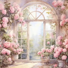 Fototapeta na wymiar Large arched glass door to a greenhouse with pink roses